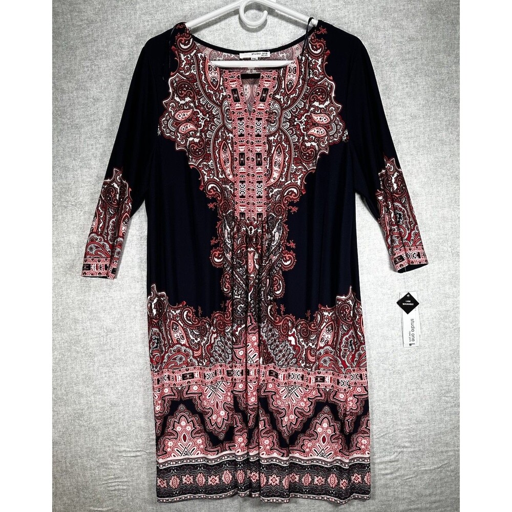NWT Studio One New York Womens Black/Red Shift Dress Boho Size Petite XL Cottage